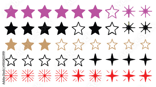 A vibrant collection of star and sparkle graphic elements, featuring various styles and colors for diverse design applications and decorative purposes