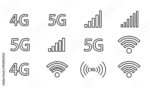 A set of vector graphic icons representing 4G and 5G wireless network signals and Wi-Fi connectivity