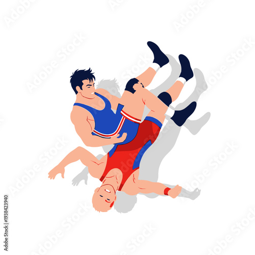 Wrestlers in action, one pinning the other in a dynamic move, stylized illustration