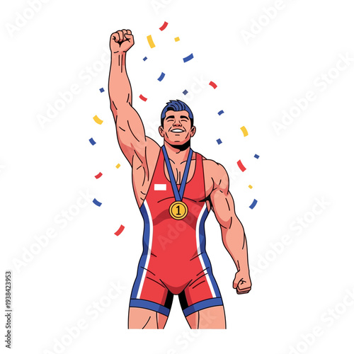 Wrestler celebrates victory with fist raised, wearing medal and confetti falling