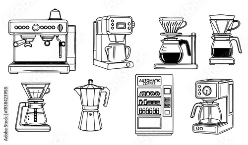 A set of various coffee makers and brewers in a minimalist line art style