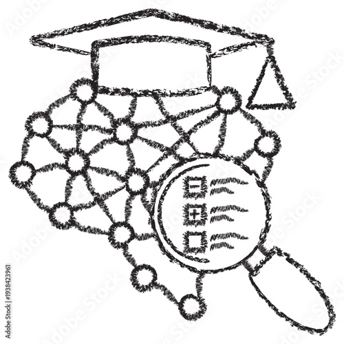 Vector icon of a neural network brain with graduation cap under a magnifying glass. Dark brown charcoal sketch on transparent background. Hand-drawn concept for AI auditing and model validation