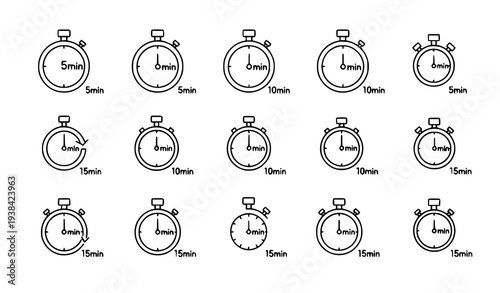 A collection of stopwatch icons in a minimalist line art style for time management and tracking purposes