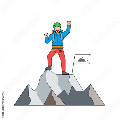 Adventurer celebrating on mountain peak with flag, success and achievement concept