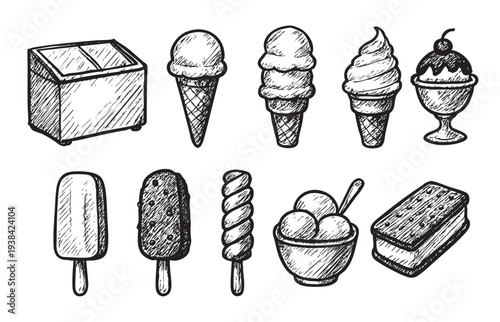 A collection of ice cream desserts and freezer icons in hand-drawn style, isolated on white, perfect for food blogs, menus, or summer promotional materials.