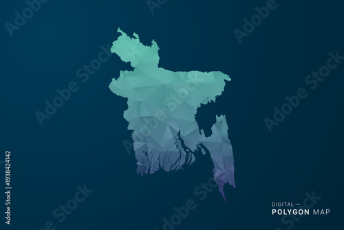 Bangladesh Map - Polygon Style Vector Illustration with Teal Blue Gradient, Low Poly Geometric Design, Digital and Technology Inspired, Clean Silhouette on Dark Background.