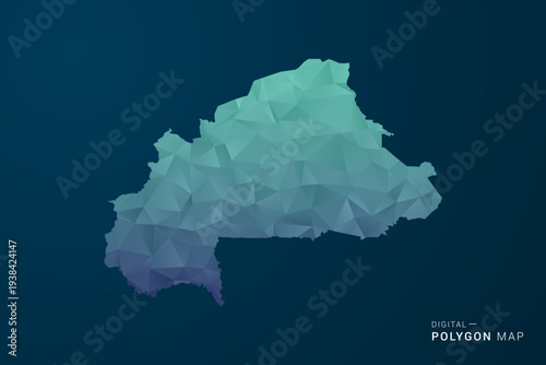 Burkina Faso Map - Polygon Style Vector Illustration with Teal Blue Gradient, Low Poly Geometric Design, Digital and Technology Inspired, Clean Silhouette on Dark Background.