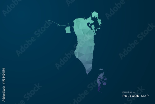 Bahrain Map - Polygon Style Vector Illustration with Teal Blue Gradient, Low Poly Geometric Design, Digital and Technology Inspired, Clean Silhouette on Dark Background.