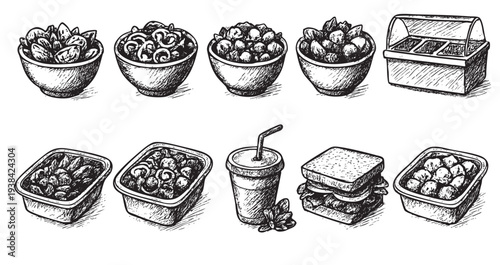 Hand-drawn illustration of deli foods, including salads in bowls and containers, a sandwich, drink, and display case in a monochrome sketch style. Perfect for menus and food concepts.