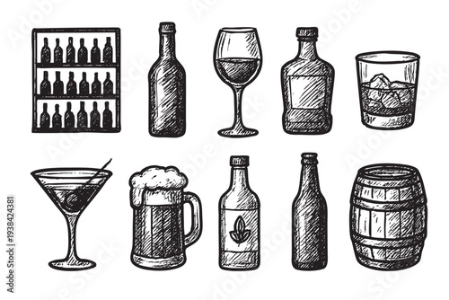 An assortment of hand-drawn alcoholic drinks and containers in a black and white sketch style, including wine, beer, spirits, and a barrel, conveying a vintage or rustic aesthetic.