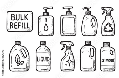 A hand-drawn style vector illustration of bulk refill containers with doodle textures, perfect for eco-friendly product mockups, sustainability campaigns and zero waste designs.
