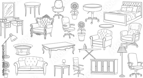 Furniture Line Art Collection Featuring Chairs, Tables, Sofa, Bed, Desk, Office Chair, Lamps, and Home Interior Outline Icons