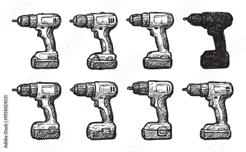 Several hand-drawn sketches of cordless drills are lined up on a white background, one of which is in full shadow, creating an industrial yet artistic illustration.
