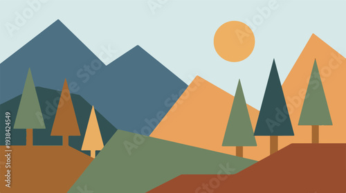 Minimalist geometric landscape with mountains, evergreen trees, and sun