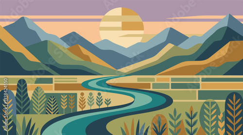 Stylized Geometric Landscape with River, Mountains, and Sunset