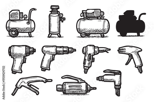 Hand drawn illustration of various air compressors and pneumatic tools, shown with clean black lines on a white background, ideal for industrial or design projects.