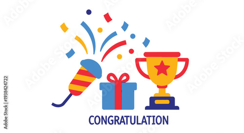 Celebratory icons including a party popper trophy and gift box with confetti