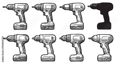 Seamless pattern showing hand drawn illustrations of cordless drills, one depicted in silhouette, on a clean white background, perfect for construction related themes.