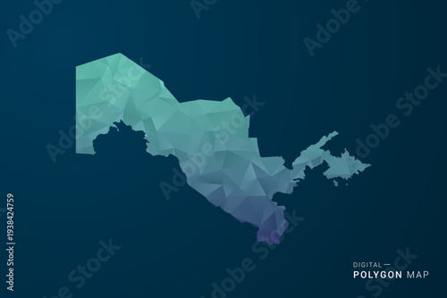 Uzbekistan Map - Polygon Style Vector Illustration with Teal Blue Gradient, Low Poly Geometric Design, Digital and Technology Inspired, Clean Silhouette on Dark Background.