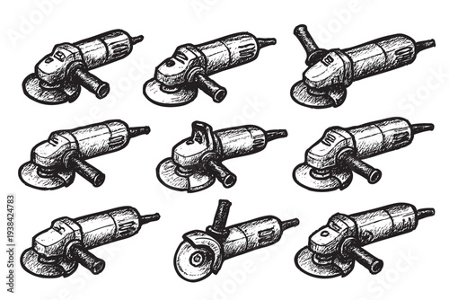 A hand-drawn illustration depicts several black and white angle grinders arranged against a clean white background, ideal for construction or DIY themed designs.