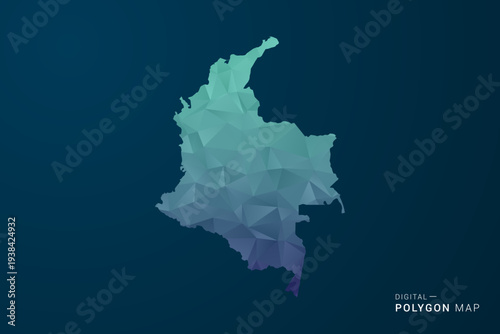 Colombia Map - Polygon Style Vector Illustration with Teal Blue Gradient, Low Poly Geometric Design, Digital and Technology Inspired, Clean Silhouette on Dark Background.