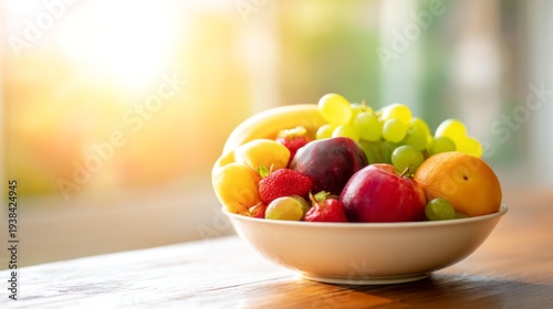 Fresh Fruit Bowl on Kitchen Counter at Sunrise
