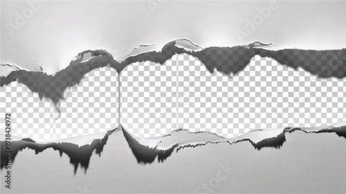 Dynamic Torn White Paper Edge Design Element Revealing Transparent Gap, Perfect for Backgrounds, Overlays, and Creative Graphic Projects