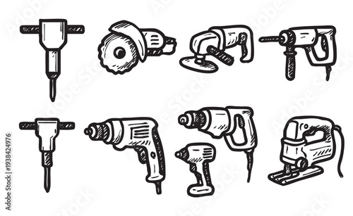 A hand-drawn sketch of various construction tools, including a jackhammer, saw, drill, and angle grinder, perfect for illustrating DIY projects and home improvement.