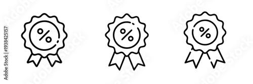Discount badge and ribbon line icon set featuring percentage symbol for sale promotion and ecommerce offer for price reduction and more vector illustration or editable stroke