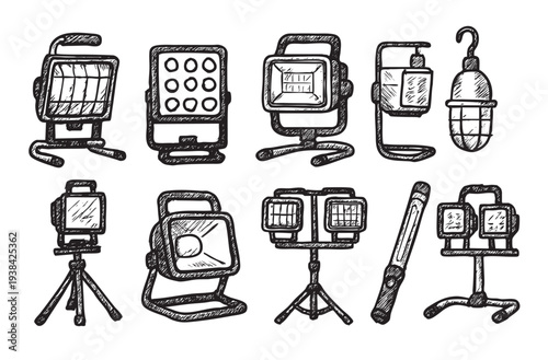 This hand-drawn sketch features various types of lighting equipment in black and white, perfect for illustrating concepts related to construction, photography, and stage lighting.