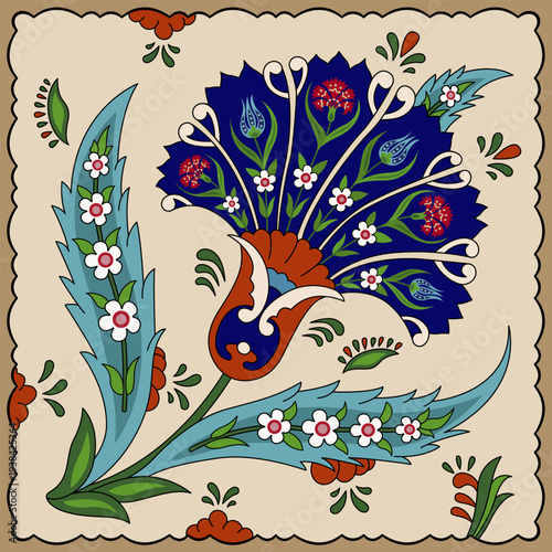 Floral illustration, stylized flower in square framework. Iznik, Suzani style. Central Asian, Turkish, Arabic art legacy. 