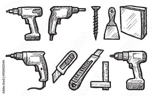Hand drawn illustration of construction tools including drills, screw, utility knife, putty knife, and square, perfect for construction or renovation themes with a sketchy, artistic feel.