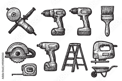 A sketch illustration of various construction and handyman tools, including a drill, saw, and ladder, isolated on white, with a clean, hand-drawn style.