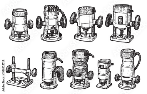 Hand-drawn illustration showcases diverse woodworking routers, conveying craftsmanship and precision; ideal for DIY, construction and design projects requiring a technical or artistic element.