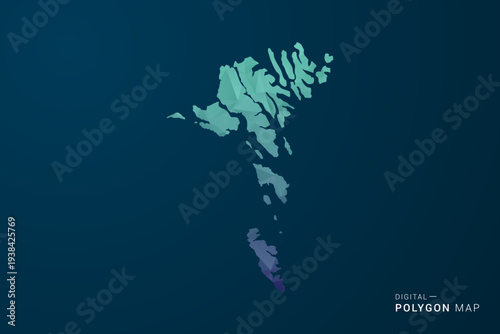 Faroe Islands Map - Polygon Style Vector Illustration with Teal Blue Gradient, Low Poly Geometric Design, Digital and Technology Inspired, Clean Silhouette on Dark Background.