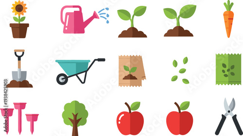 Gardening and Plant Growing Icon Set with Watering Can, Seeds, Wheelbarrow, Shovel, Tree, Apple, Carrot and Garden Tools
