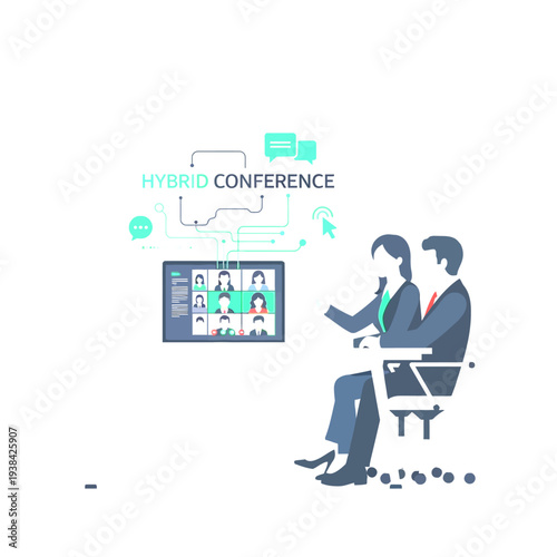 Hybrid conference illustration with business professionals attending a virtual meeting alongside remote online participants.