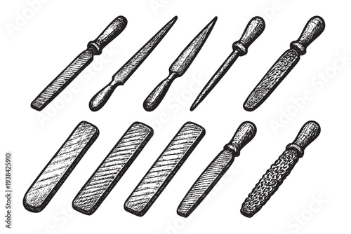 This artistic illustration features multiple hand files arrayed, rendered in a vintage engraving style on a clean white background, suitable for DIY, workshop, or tools themed designs.