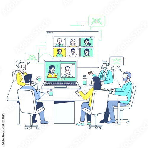Hybrid Business Meeting Illustration: Team Collaborating In-Person and Remotely via Video Call on Screen