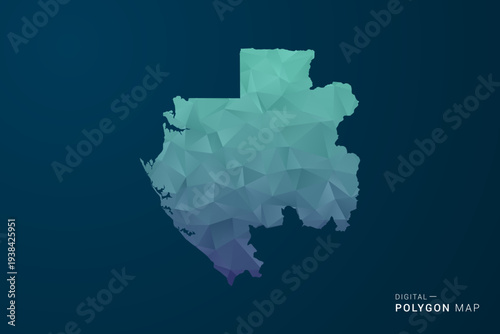 Gabon Map - Polygon Style Vector Illustration with Teal Blue Gradient, Low Poly Geometric Design, Digital and Technology Inspired, Clean Silhouette on Dark Background.