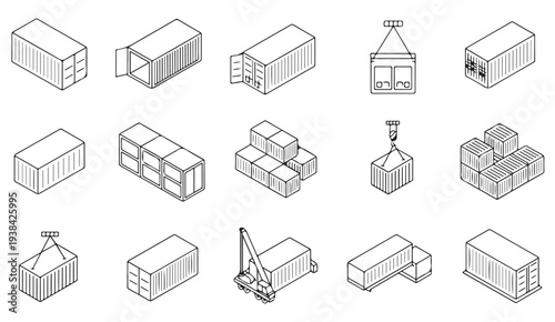 Warehouse Packaging and Parcel Box Isometric Icon Set
