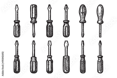Black and white hand drawn illustration of various screwdrivers arranged on a white background, ideal for design, repair, and diy concepts.