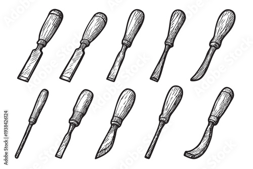 Hand-drawn illustration featuring different chisels arranged on a clean white background, perfect for woodworking, craft projects, tools, and DIY concepts.