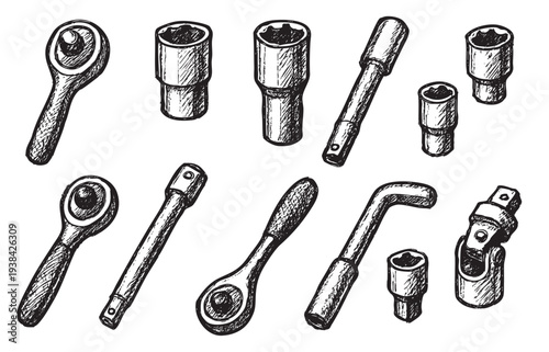 Hand-drawn sketch illustration of various socket wrenches, extensions, and universal joint on a white background. Automotive, mechanical, and repair concepts.