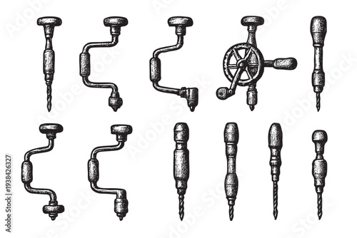 Collection of vintage hand drills isolated on a white backdrop; rustic tools in sketch style. Use for woodworking, carpentry, history, antiques, crafts and design elements.