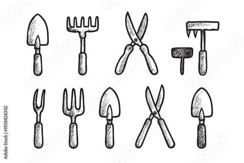 Black and white illustration of hand-drawn gardening tools, including trowels, shears, and rakes, providing a clean and whimsical image for various design applications.