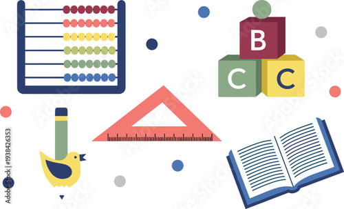 Educational icon set for children featuring abacus toy blocks with ABC letters ruler pencil and open book for school learning concept