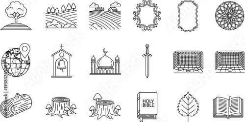 Minimalist black and white line art icon set featuring landscape hills trees holy bible mosque church bell and nature elements for graphic design