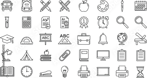 Minimalist black and white education line art icon set featuring school bus backpack pencils apple calculator globe and academic graduation cap for learning