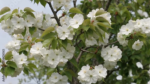 A Delicate and Pure White Flower from a Cherry Tree in Full Bloom Encircled by Lush and Vibrant Green Foliage Illustrating the Concept of Seasonal Growth and Natural Beauty